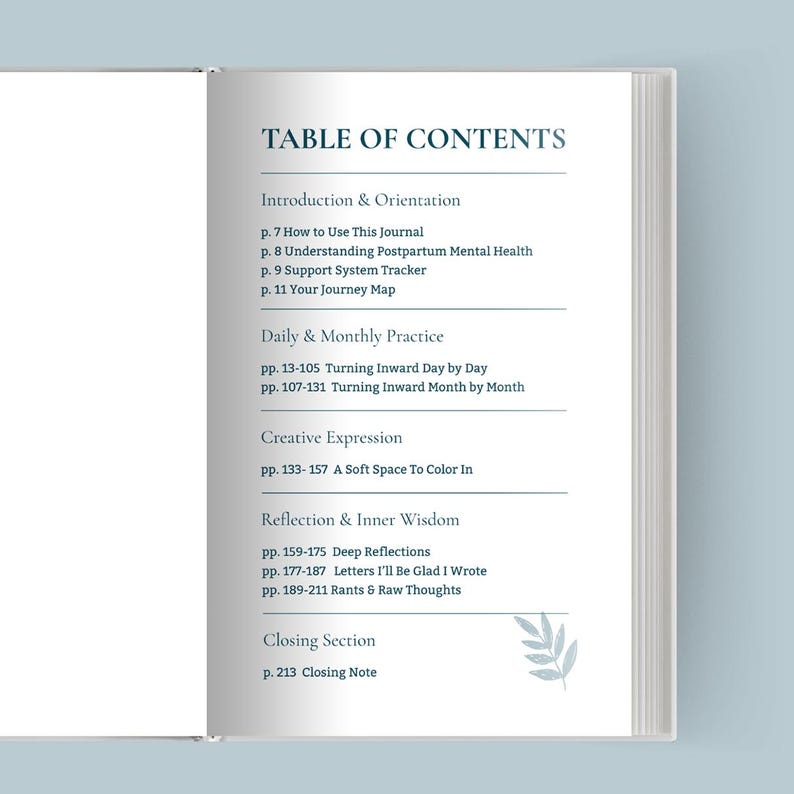 Op de afbeelding: Open journal met een turquoise omslag, met de inhoudsopgave. De tekst bevat secties over postpartum mentale gezondheid, dagelijkse praktijk, creatieve expressie en reflectie. De pagina's zijn wit met turquoise tekst.
