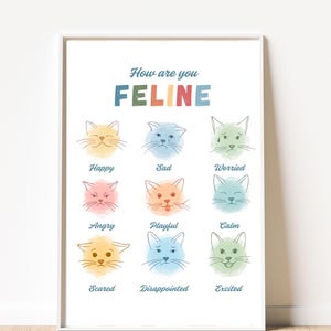 Può includere: Una stampa incorniciata con la scritta "How are you FELINE" sopra nove facce di gatti ad acquerello, ognuna raffigurante un'emozione diversa: felice, triste, preoccupato, arrabbiato, giocoso, calmo, spaventato, deluso ed eccitato. L'opera è in una cornice bianca.