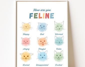 Grafiek met kattengevoelens: aquarel geestelijke gezondheid decor (afdrukbare pdf en jpeg)
