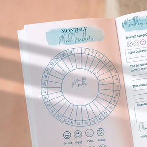 Op de afbeelding: Open journaalpagina met een maandelijkse stemmingsmeter. De pagina heeft een lichtroze achtergrond met een blauwe banner in aquarel-stijl met de tekst "MONTHLY Mood Tracker". In het midden staat een cirkelvormige stemmingsmeter, met de dagen 1-31 rondom.