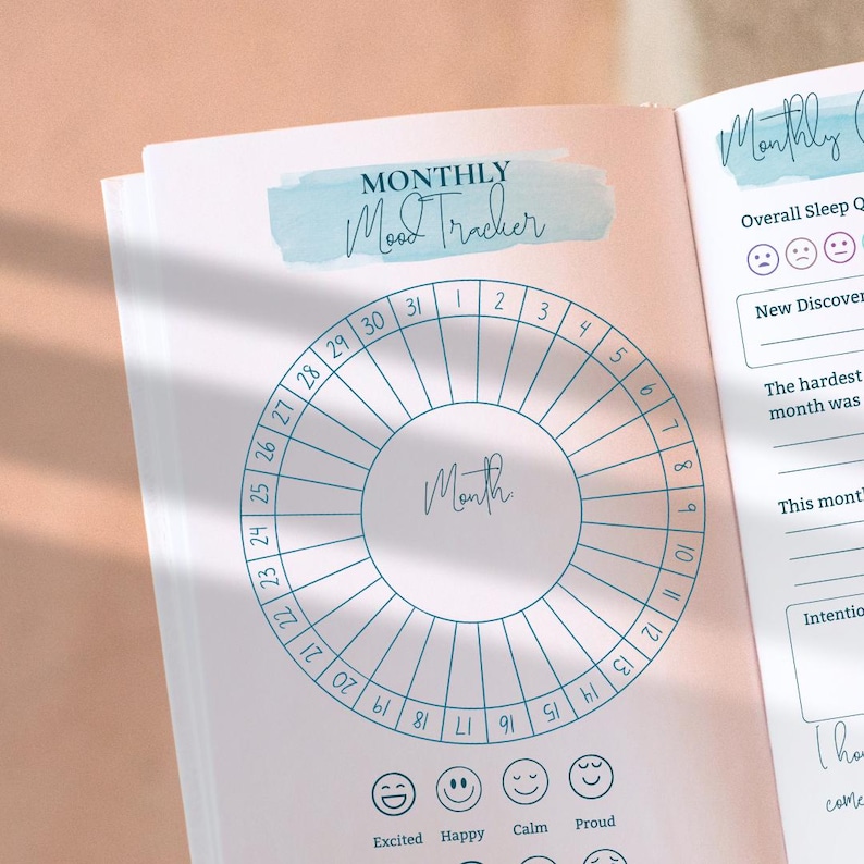 Op de afbeelding: Open journaalpagina met een maandelijkse stemmingsmeter. De pagina heeft een lichtroze achtergrond met een blauwe banner in aquarel-stijl met de tekst "MONTHLY Mood Tracker". In het midden staat een cirkelvormige stemmingsmeter, met de dagen 1-31 rondom.