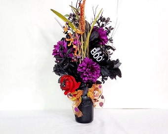 Halloween Bouquet Scary Large Purple and Black Silk Flower Centerpiece