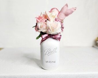 Easter Floral Centerpiece: Pink Roses, Bunny in Distressed Mason Jar