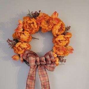 Fall Peony Wreath 14&quot; Diameter Grapevine With Orange