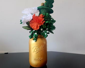 St. Patrick's Day Floral Centerpiece: Carnations in Gold Mason Jar