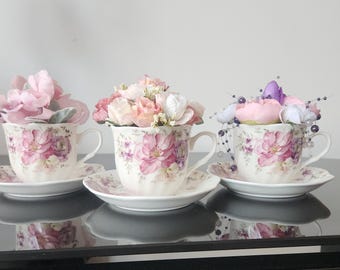 Porcelian Teacups and Saucers Filled with Silk Flowers 3 Styles