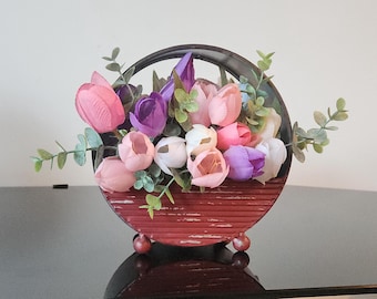 Faux Tulip Arrangement in Rustic Galvanized Planter – Multi-colored Spring Flowers