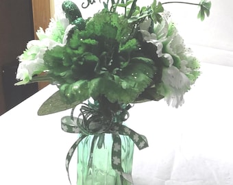 Saint Patricks's Day Green Glass Vase of Shamrocks and Irish Flowers