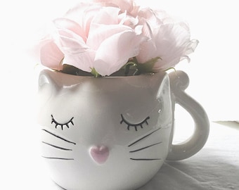 Cat Mug filled with 1/2 Doz. Pink Silk Roses