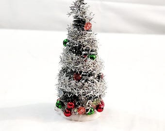 Mini Christmas Tree 4" High with Red and Green Ornaments and Silver Garland