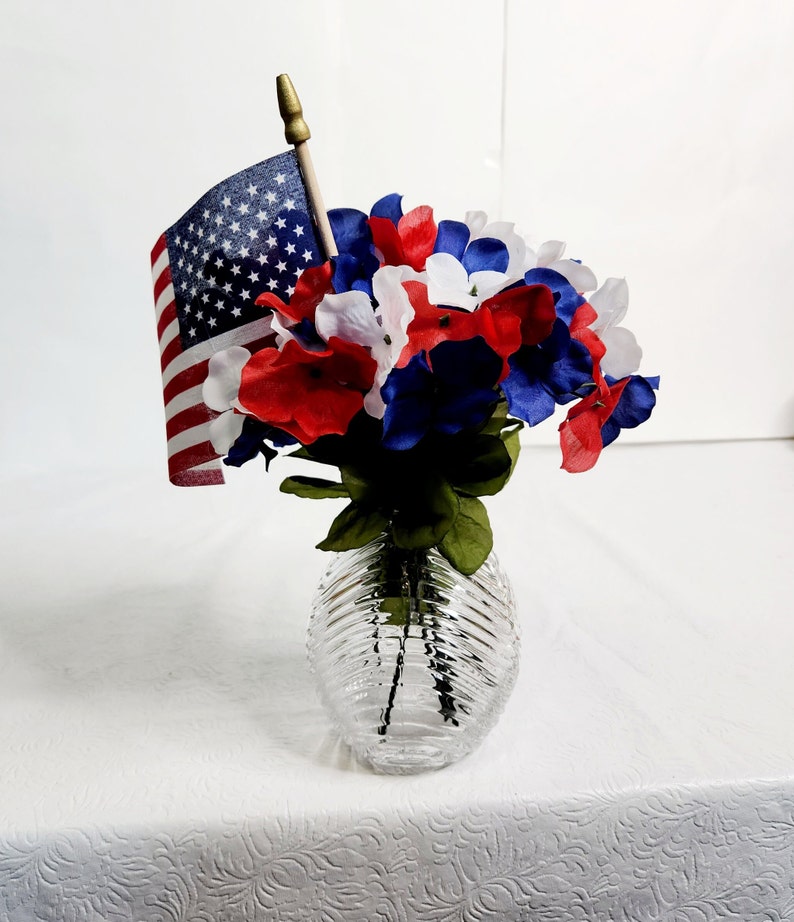 Patriotic Flower Arrangement Red, White, and Blue Silk Pansies in Glass