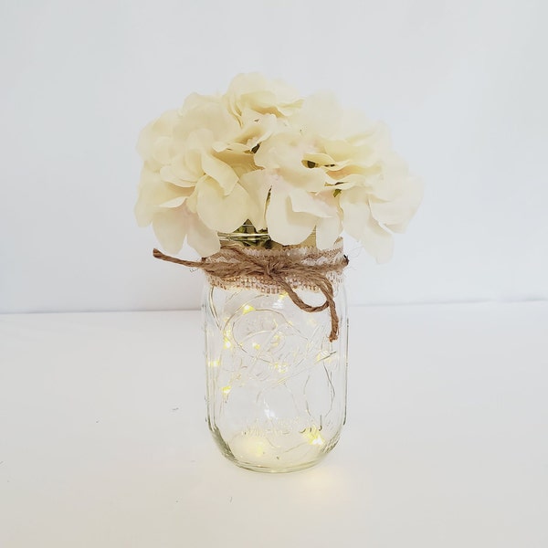 Lighted Mason Jar with Hydrangea Top and Fairy Lights