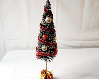 Christmas Tree Faux Bottle Brush Elevated Red Velvet Garland & Gold and Red Ornaments (16")