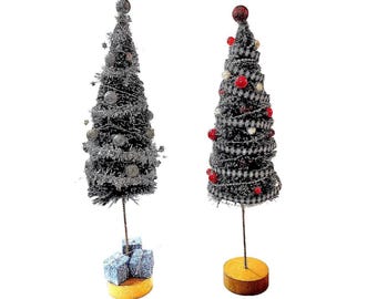 Faux Bottle Brush Christmas Tree with Lights - Buffalo Plaid or Silver