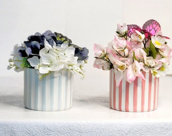 Floral Arrangement of Silk Flowers in Candy Striped Vase with Butterfly