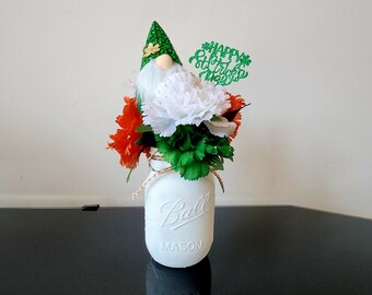 Irish Gnome Centerpiece: Silk Carnation Floral Display, St. Patrick's Day Decor
