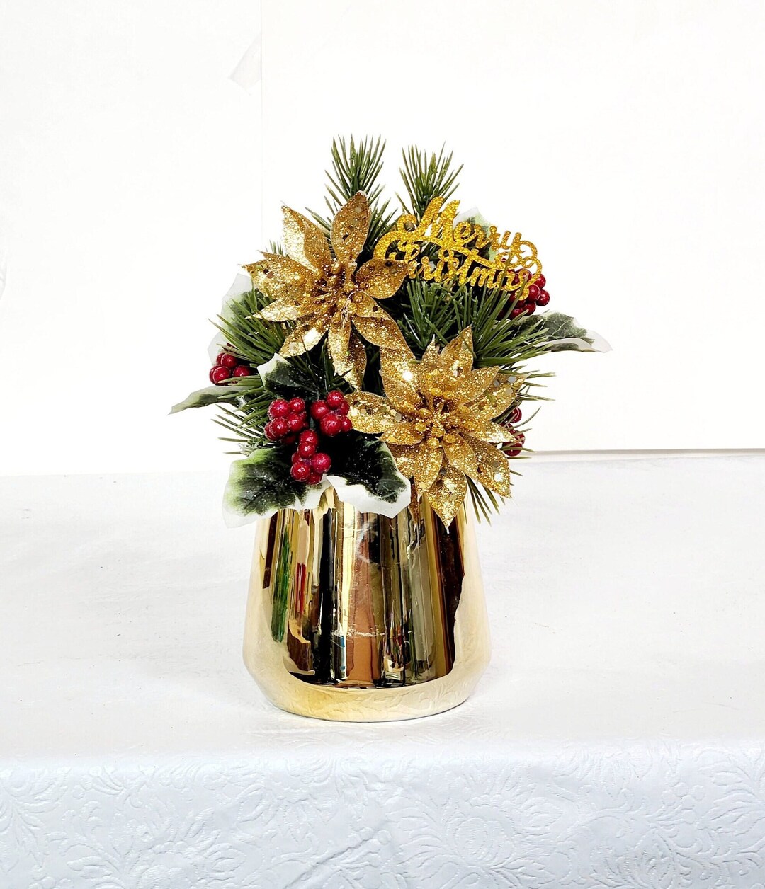Christmas Silk Flower Arrangement With Shimmery Gold Etsy