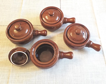 Set of 4 Brown Stoneware Individual Bean Pots/French Onion Soup Bowls with Handles and Lids