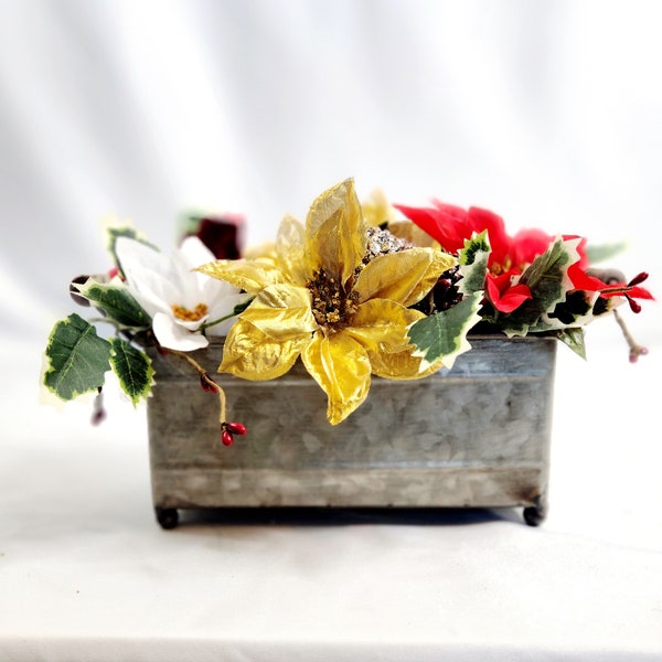 Christmas Tray with Handles Centerpiece in Galvanised Tray Pontsettias Holly and Pinecones