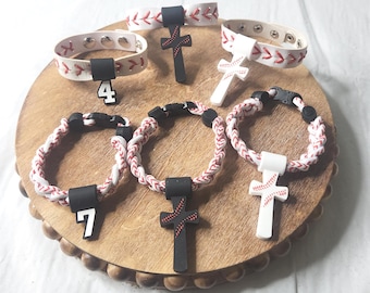 Bracelets Baseball Stitch Bracelet: Braided Rope or Faux Leather, Cross or Number Charm