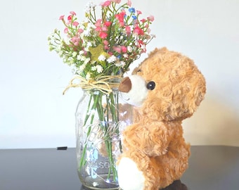 Centros de mesa para baby shower/revelación de género sin género definido con osito de peluche, tarro de cristal, paniculata y luces.