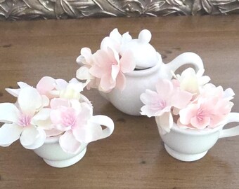 Teaset Tiny Porcelain Teaset Filled with Silk Magnolias Teapot and Cups