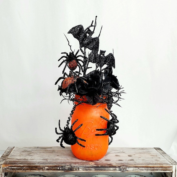 Creepy Halloween Spider Covered Lighted Mason Jar