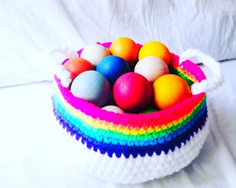 Crochet Basket with Rainbow Top, Storage, Decor, Toy Basket, Underwear Storage, Drawer Organisation, Baby Storage, Nursery Essential, Scandi