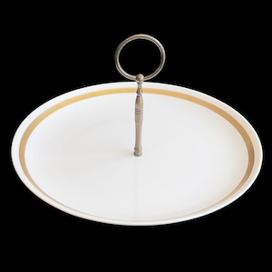 Royal Johnson Round White China Serving Tray with Handle, Wide Gold Band.  10.25&quot; x 6&quot; - Serving Plate with Handle for Entertaining