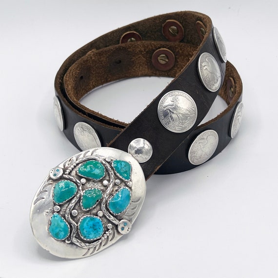 Sterling Silver & Turquoise Western Belt Buckle, … - image 1