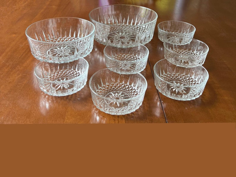 Arcoroc France Diamant Crystal Glass Salad Bowl Set - 8 Bowls - Large, Medium, 6-Small. Crystal Serving Bowls for Entertaining