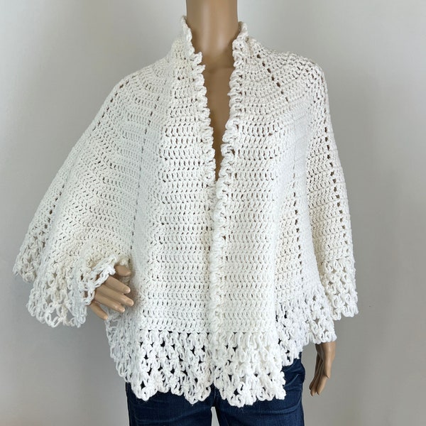 White Crochet Knit Shawl Handmade by Margaret - Open Front White Knit Cape - One-Size - Vintage Ivory Crochet Cover-Up - Mother's Day Gift