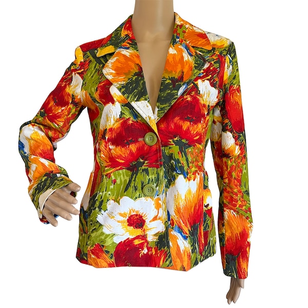 Chico's Floral 2-Button Jacket - Size 4 - Stretch Cotton - NWOT - Multicolor Summer Blazer for Women - Pockets - Casual Wear - Denim Blazer