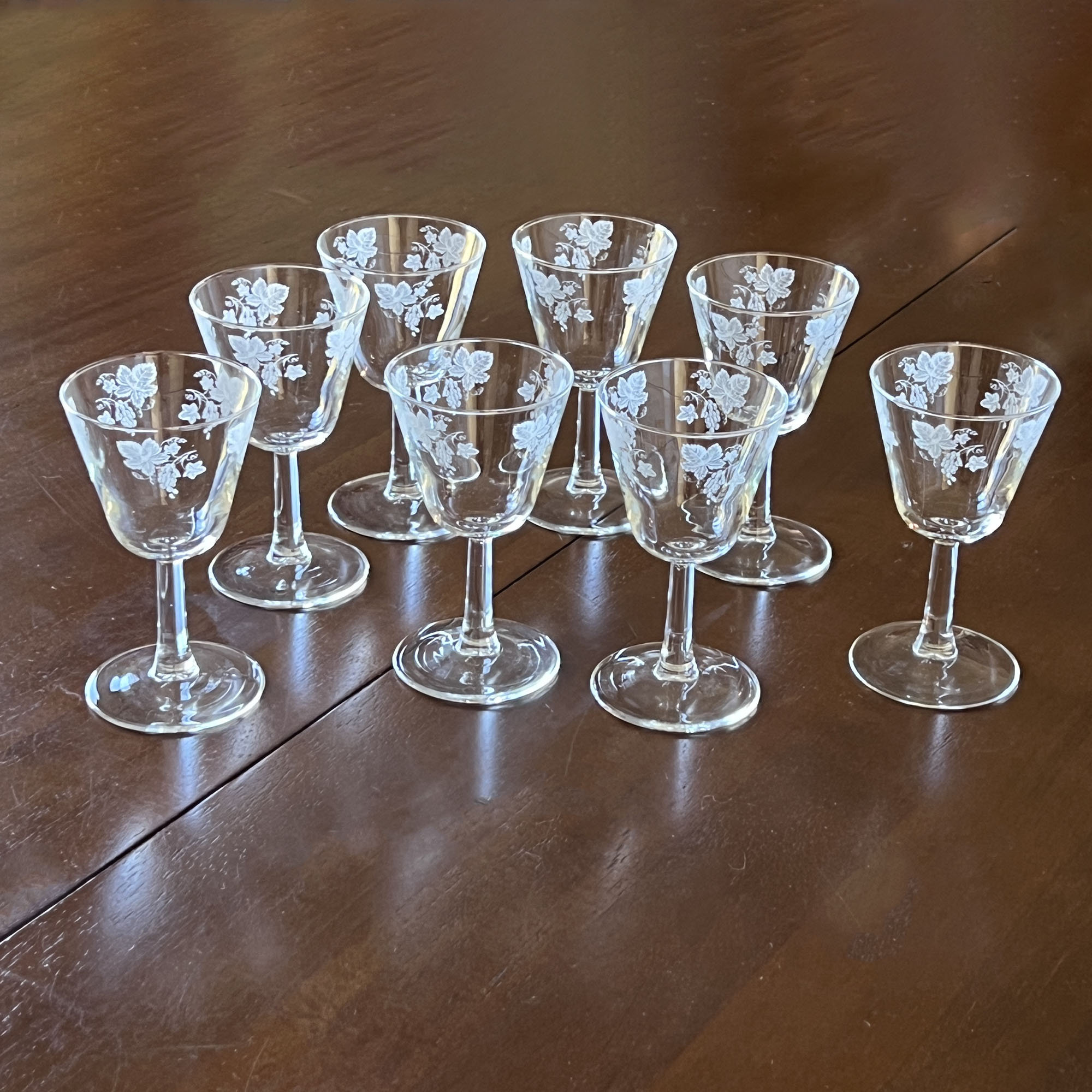 Midcentury Etched Crystal Stemware Set by Javit. JAV6 Grape & Leaf Pattern. RARE FIND. Stemware