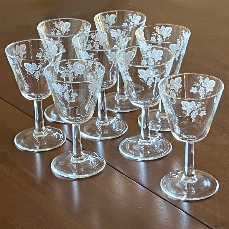 Midcentury Etched Crystal Stemware Set by Javit. JAV6 Grape & Leaf Pattern. RARE FIND. Stemware