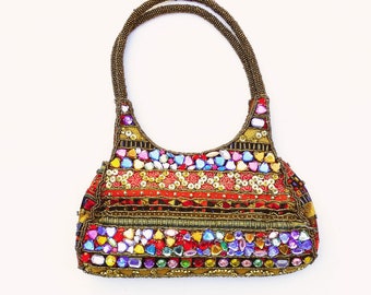 Far Nine Pastel Embellished Handbag, Rhinestones, Beads. Copper Beaded Purse, Multicolor Bag Vintage. Zipper closure, pockets.