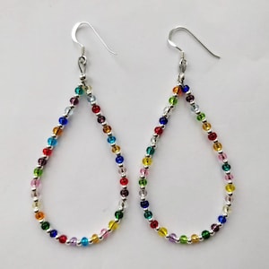 Rainbow and Silver Bead Hoop Oval Sterling Silver Earrings - Unique, Dainty, Colourful, Handmade