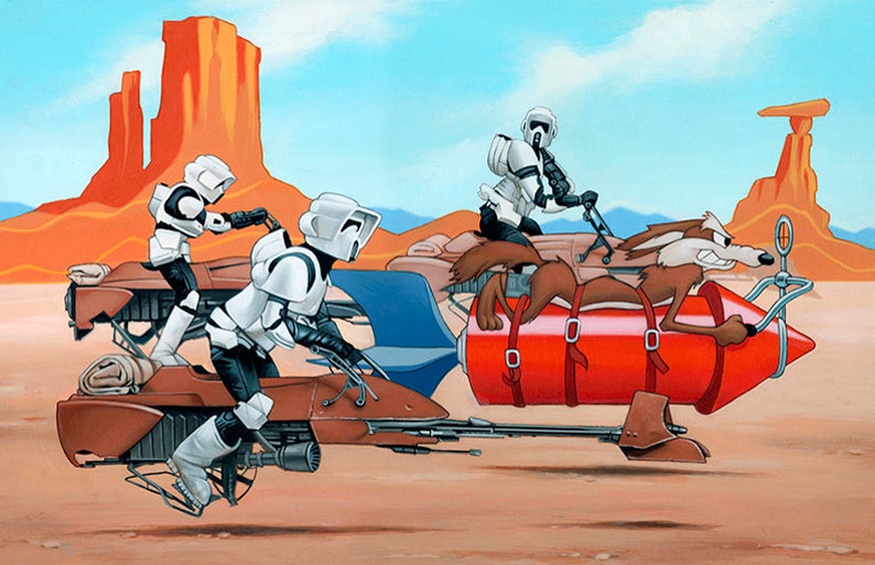 May include: A cartoon coyote strapped to a red rocket, being chased by three white-armored figures on speeder bikes in a desert landscape.