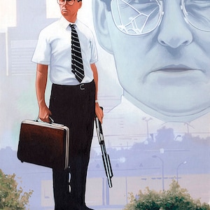 May include: A man in a white shirt and black pants stands on a graffiti-covered wall, holding a briefcase and a shotgun. He is wearing a striped tie and glasses. A close-up of a man's face with broken glasses is visible in the background.