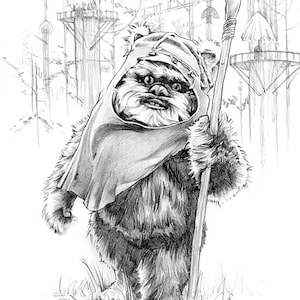 May include: A black and white pencil drawing of a fictional character from the Star Wars universe. The character is a furry, humanoid creature with a pointed hat and a spear. The character is standing in a forest setting.