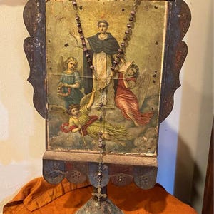 19th Century Antique Mexican Nicho Retablo Altar w/ Antique Rosary – Folk Art