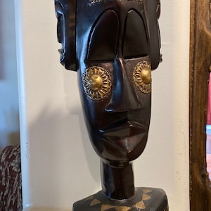 Vintage African Ebony Wood Hand Carved 3 Faces Tribal Art Sculpture With Metal Accents