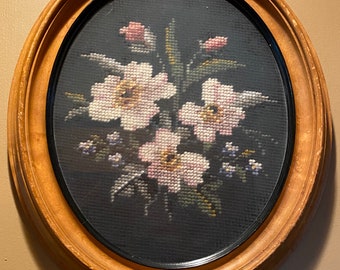 Vintage Hand Embroidery Oval Framed Needlepoint Flowers Wall Hanging