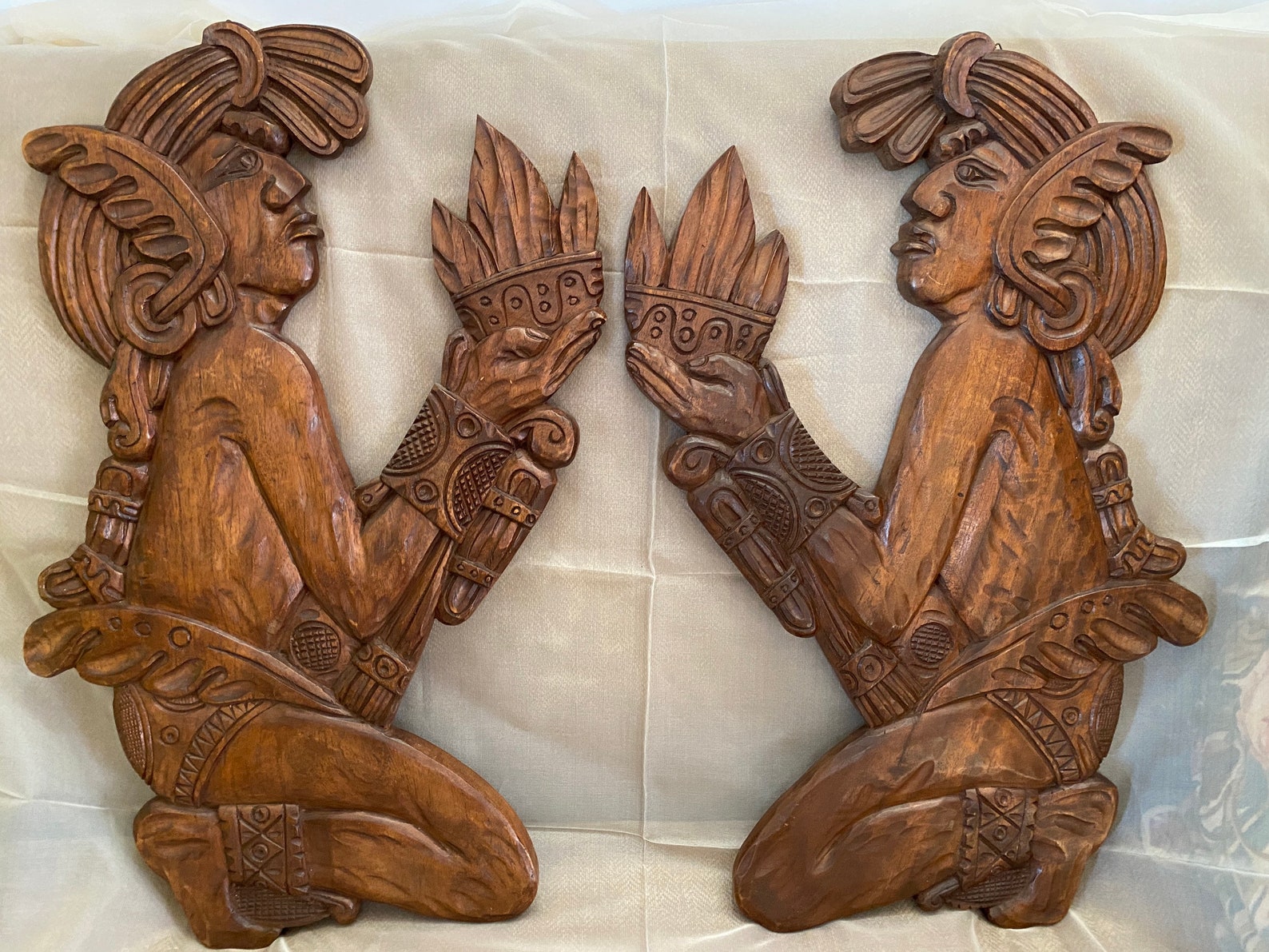 Vintage PAIR 24 Hand Carved Wood Mayan Wall Folk Art Decor Etsy UK