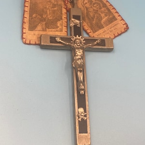RARE Antique Priest / Nuns 5” Large Ebony Pectoral Crucifix Crossbones and Antique Scapulary