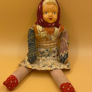 Antique Poland Polish Doll 1920&#39;s Hand Painted Canvas Face 7.5”