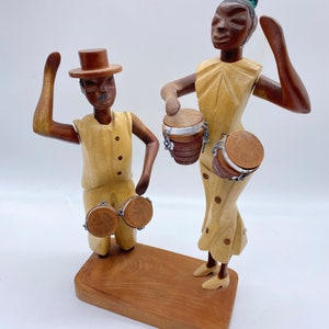 Vintage Carved Wood Bongo Musician Figurines , Ethnic Folk Art Hand Carved Wood Figures  ,