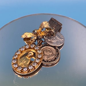 Vintage Rhinestone Religious Brooch with Catholic Medals