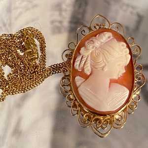 Vintage 12k Gold Filled Cameo Brooch Necklace: Carved Shell Victorian Lady