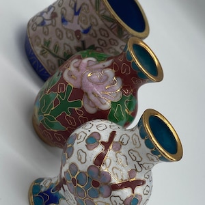 Vintage Mini Cloisonné Vases Lot Of 3 , Set of 3 Miniature Chinese Floral and Bird Cloisonné Vases , Collectable Cloisonné Vases